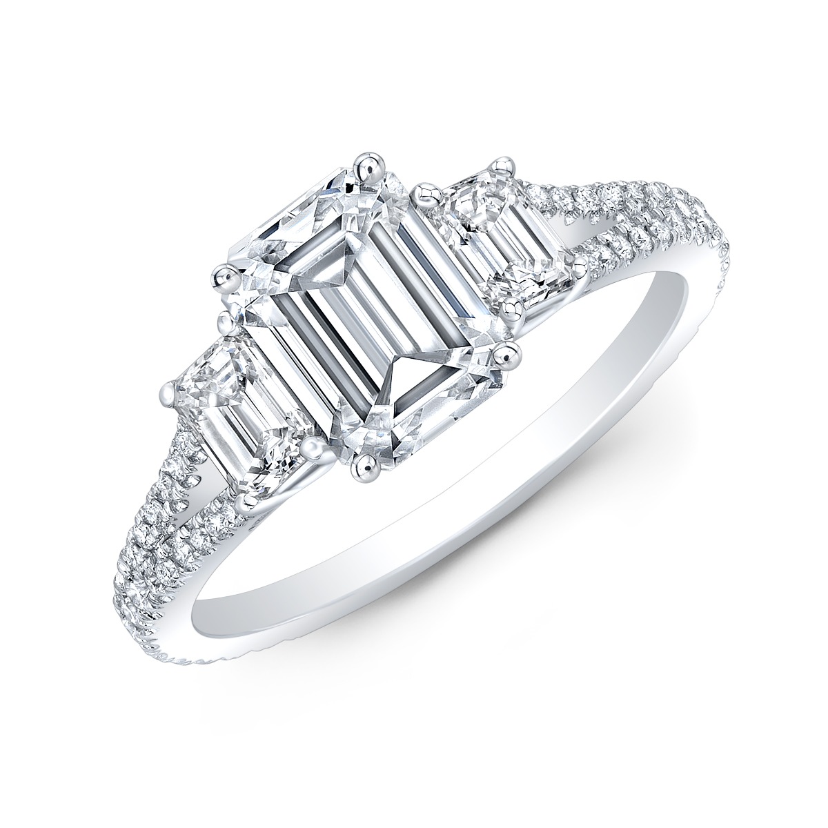Ethically-sourced Platinum Emerald and Pear Cut Diamond Trilogy Engagement  Ring